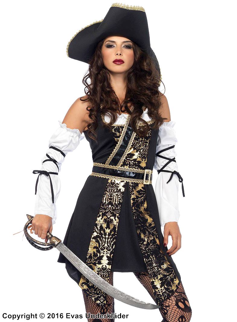 Kvinnlig piratkapten, maskeradklänning i brokad med bälte